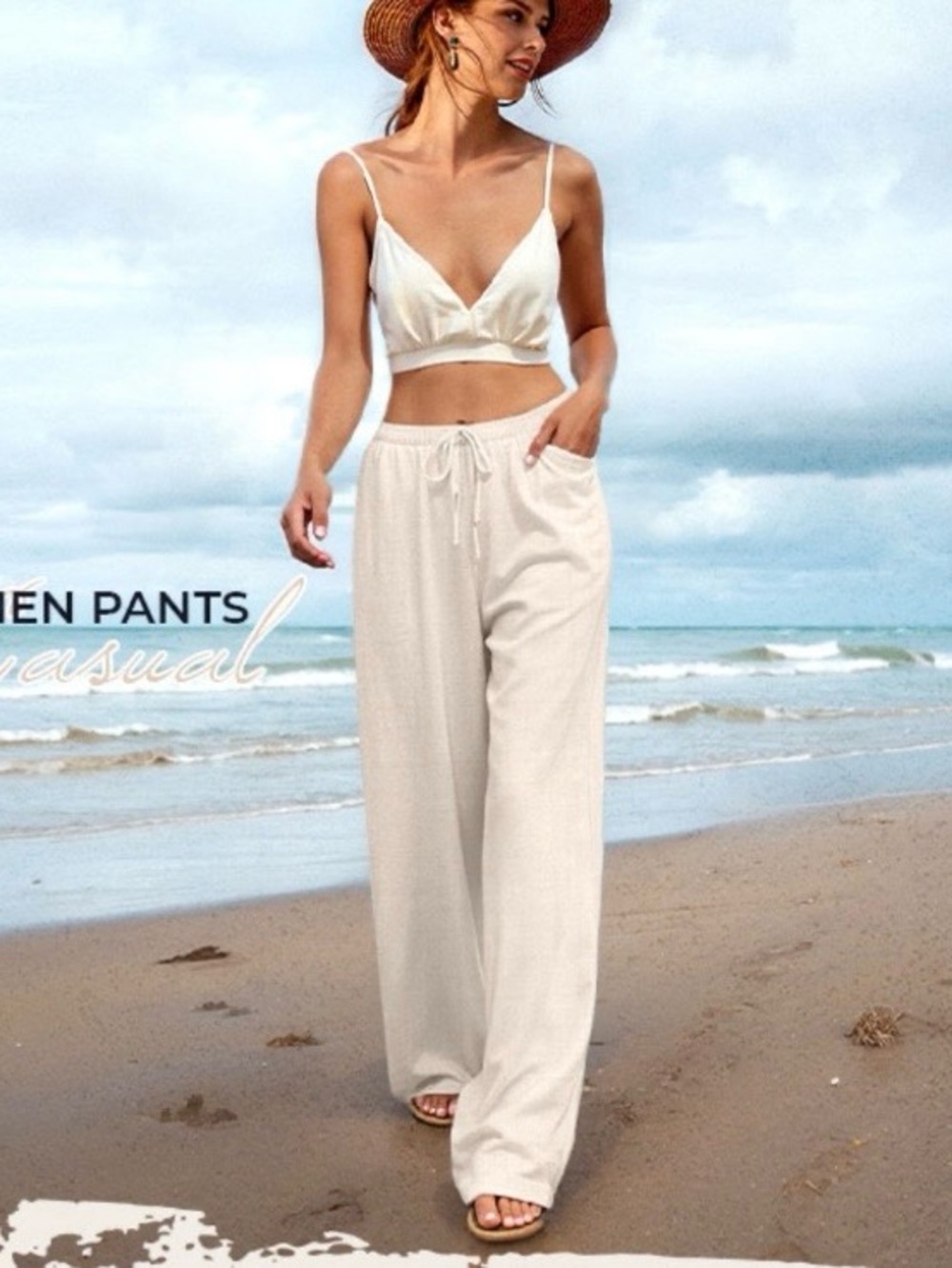 Anymeet linen blend wide leg drawstring pull on pant sz 2XL